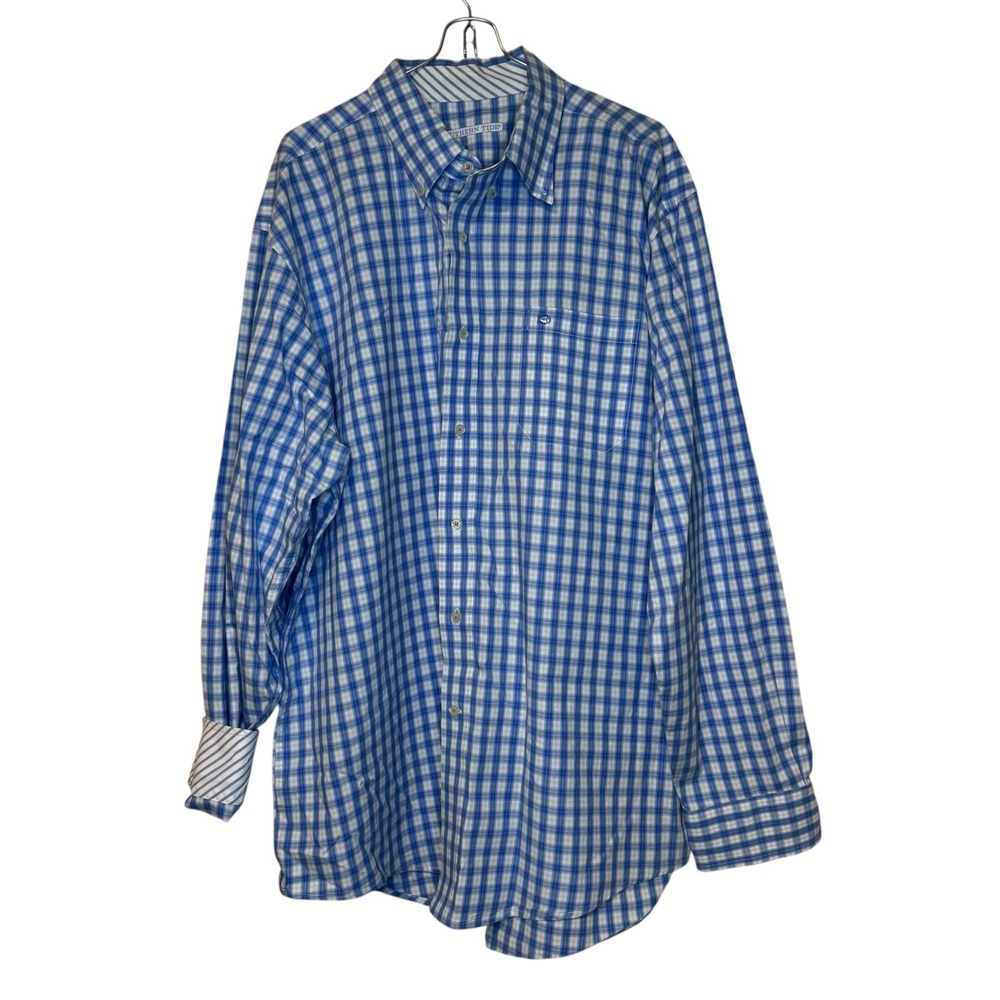 Southern Tide Mens Shirt Long Sleeve Flip Contrast Cuff White Blue Check XL